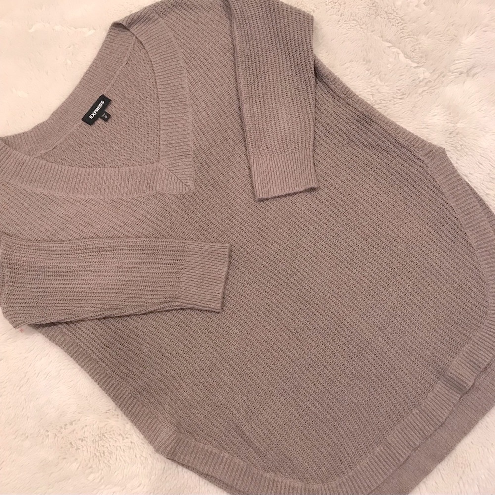 Express V Neck Dolphin Hem Taupe Sweater